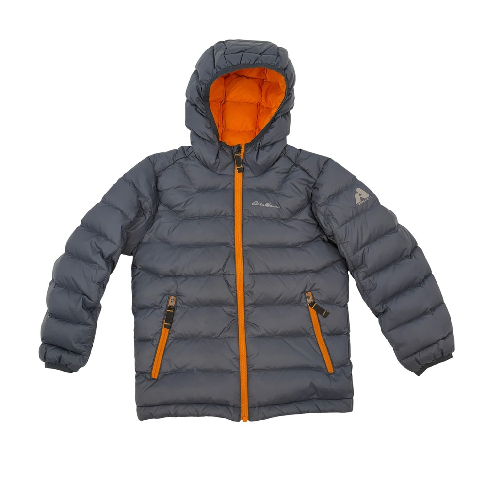 Eddie Bauer First Ascent Kids XS 5-6 Gray Down Puffer Jacket Hooded Orange Trim